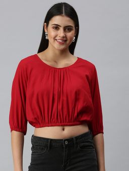SHOWOFF - Women Round Neck Three Fourth Sleeves Solid Red Crop Top