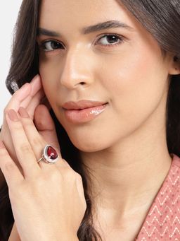 Gahan - Womens Silver Plated Ad Stud Rani Pink Adjusted Ring