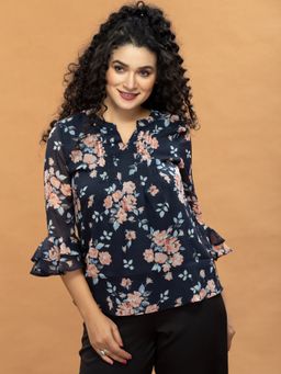 Attic Salt - Navy Printed Front Pleated Top