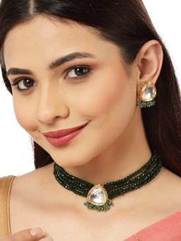 Karatcart - Gold Plated Green Crystal Polki Kundan Choker Necklace Set (Set of 2)