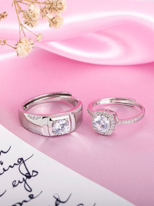 Zavya Eternal Sparkle Rhodium-Plated 925 Sterling Silver Zirconia Couple Ring