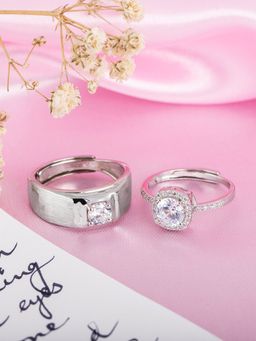 Zavya - Radiant Unity Rhodium-Plated 925 Sterling Silver Solitaire Couple Ring