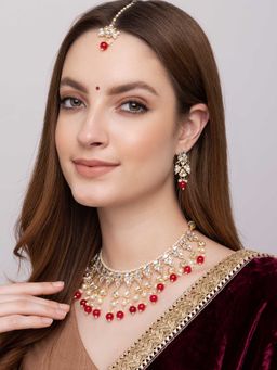 Indya - Gold Red Multi Bead Drop Maangtika Earring and Necklace (Set of 3)