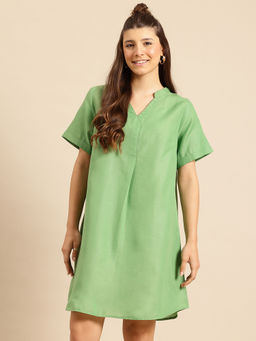Qurvii - Green Cotton Slub Mini Dress with Curved Hemline