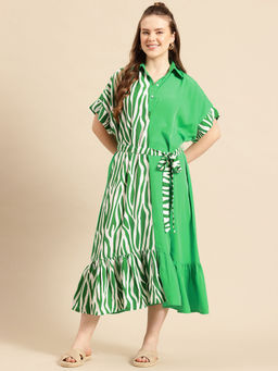 Qurvii - Green and White Collar Neck Tie Up Midi Dress