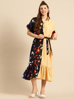 Qurvii - Beige and Black Collar Neck Tie Up Midi Dress