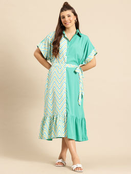 Qurvii - Green Collar Neck Tie Up Midi Dress