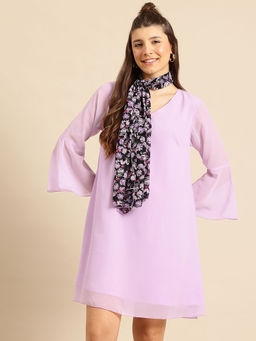 Qurvii - Lavender Georgette Regular Fit Dress with Flared Hemline and With Lining