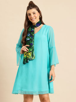 Qurvii - Sky Blue Georgette Mini Dress With Lining