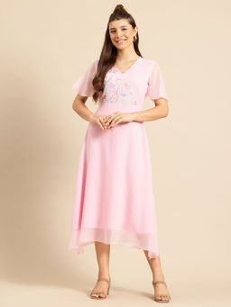 Qurvii - Pink Georgette Slim Fit Dress with Curved Hemline and With Lining