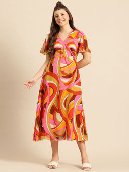 Qurvii - Multicolor Georgette Slim Fit Dress with Curved Hemline and With Lining