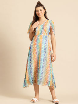 Qurvii - Multicolor Slim Fit Printed Curved Hemline Dress With Lining
