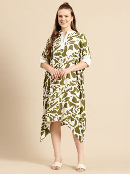 Qurvii - Olive Green Loose Fit Asymmetric Hemline Dress