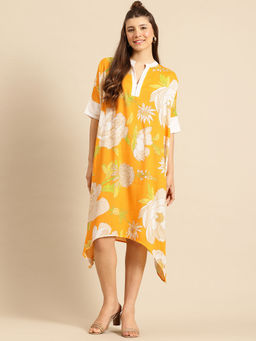 Qurvii - Yellow Asymmetric Hemline Loose Fit Dress