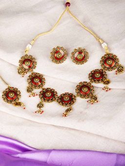 Voylla - Arabian Nights Antique Gold & Red Round Brass Jewellery (Set of 6)