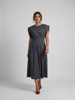 GAIIA - Black Solid Structured Sleeve Cotton Maxi Dress