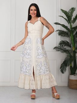 GAIIA - Beige Floral Embroidery A-Line Maxi Dress