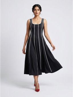 GAIIA - Women Black Contrast Panel Fit And Flare Midi Dress
