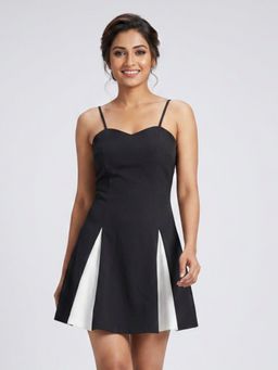 GAIIA - Women Black Contrast Panel Fit And Flare Mini Dress