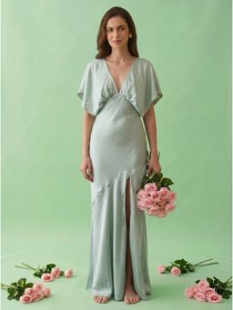 AMAGYAA - Green Satin Deep V-Neck High-Slit Maxi Dress