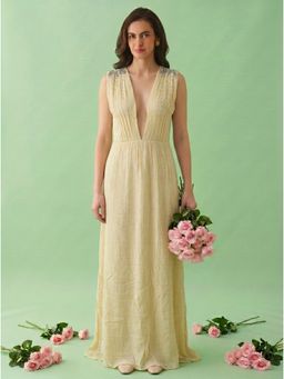 AMAGYAA - Yellow Embellished Crinkled Maxi Dress