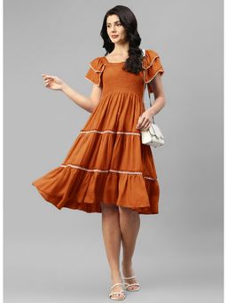 Deebaco - Womens Solid Rayon Tan Brown Fit And Flare Midi Dress
