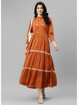 Deebaco - Tan Brown Floral Embroidered Rayon Maxi Dress