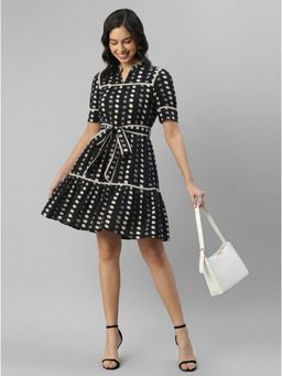 Deebaco - Black Polk Dots Rayon Fit And Flare Mini Dress With Belt