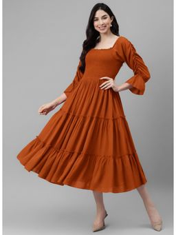 Deebaco - Tan Brown Solid Rayon Fit And Flare Midi Dress