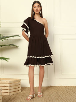 Deebaco - Womens Solid Rayon Brown Fit And Flare Mini Dress