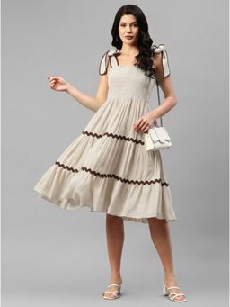 Deebaco - Solid Cotton Off White Smocked Waist Tiered Midi Dress