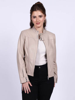 Saint G - Amaya Beige Leather Women Cafe Racer Jackets