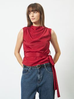 Trend Arrest - Women Cowl Neck Top with Belt