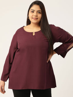 theRebelinme - Women's Plum Solid Color Keyhole Neck Top