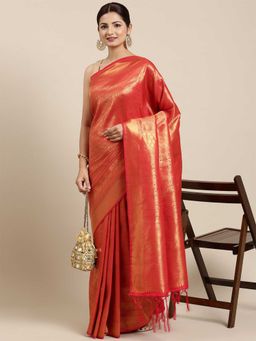 Odette - Orange Kanjivaram Silk Banarasi Weaving Silk Saree with Unstitched Blouse