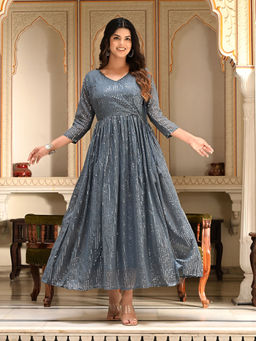 Pink Ethnic - Womens Grey Sequence V-Neck Flared Maxi Ethnic Dress