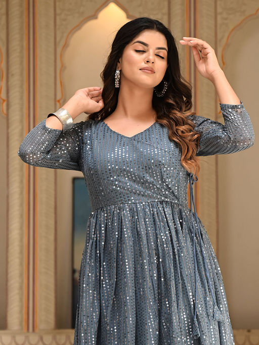 slim fit dress slacks Grey & White Ethnic Motifs Embroidered V-Neck Chikankari Detailed Empire  Midi Ethnic Dress