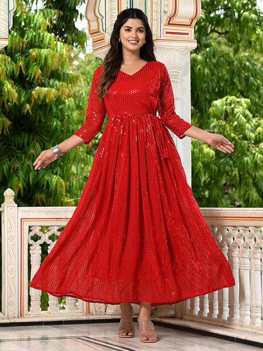 Buy Pink Ethnic Womens Red Sequence V-Neck Flared Maxi Ethnic Dress Online