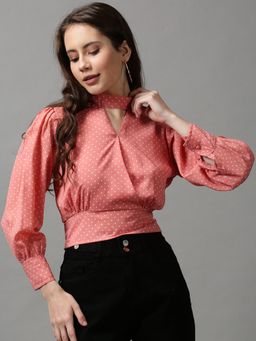 SHOWOFF - Women's Puff Sleeves Polka Dots Peach Cinched Waist Top