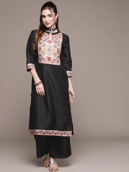 Ziyaa - Women's Black Poly Silk Kurta and Palazzo (Set of 2)