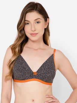 Clovia - Cotton Spandex Printed Non-Padded Demi Cup Wire Free Plunge Bra - Dark Grey