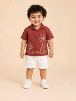 Bloom Up - Rust Embroidered Cotton Blend Regular Fit Co-Ord Set