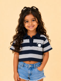 Bloom Up - Navy Blue Stripes Cotton Blend Regular Fit Polo Crop Top