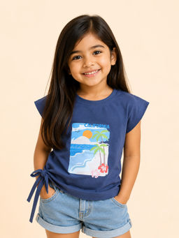 Bloom Up - Navy Blue Printed Cotton Blend Regular Fit Top