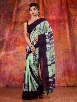 CHARUKRITI - Green Cotton Soft Handwoven Tie Dye Saree and Unstitched Blouse