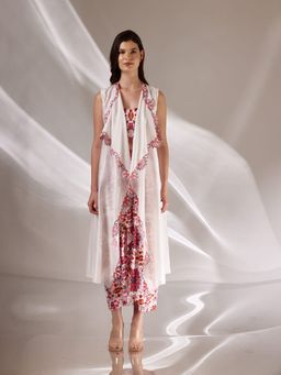 BETRUE - White Chanderi Silk Long Embroidered Cape Jacket