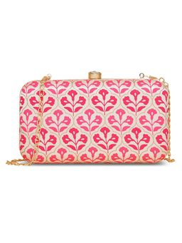 Zouk - Floral Printed Womens Mashru Silk Handcrafted Pink and Cream Clutch