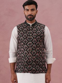 Jompers - Green Floral Embroidered Silk Nehru Jacket