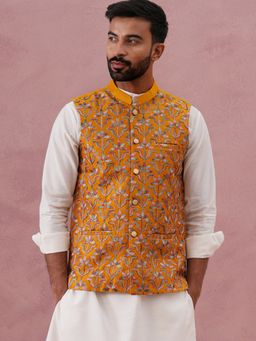 Jompers - Mustard Floral Embroidered Silk Nehru Jacket