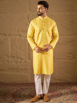 ETHNIC BAY - Yellow Silk Blend Embroidered Straight Kurta with Pyjama